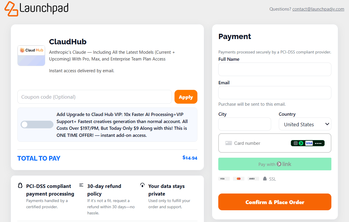 ClaudHub-order-page